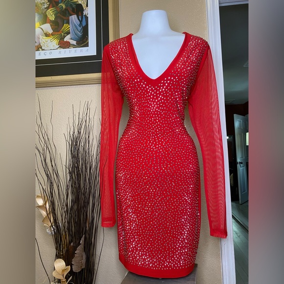 Midi Red Party Dress with rhinestones - Picture 3 of 4